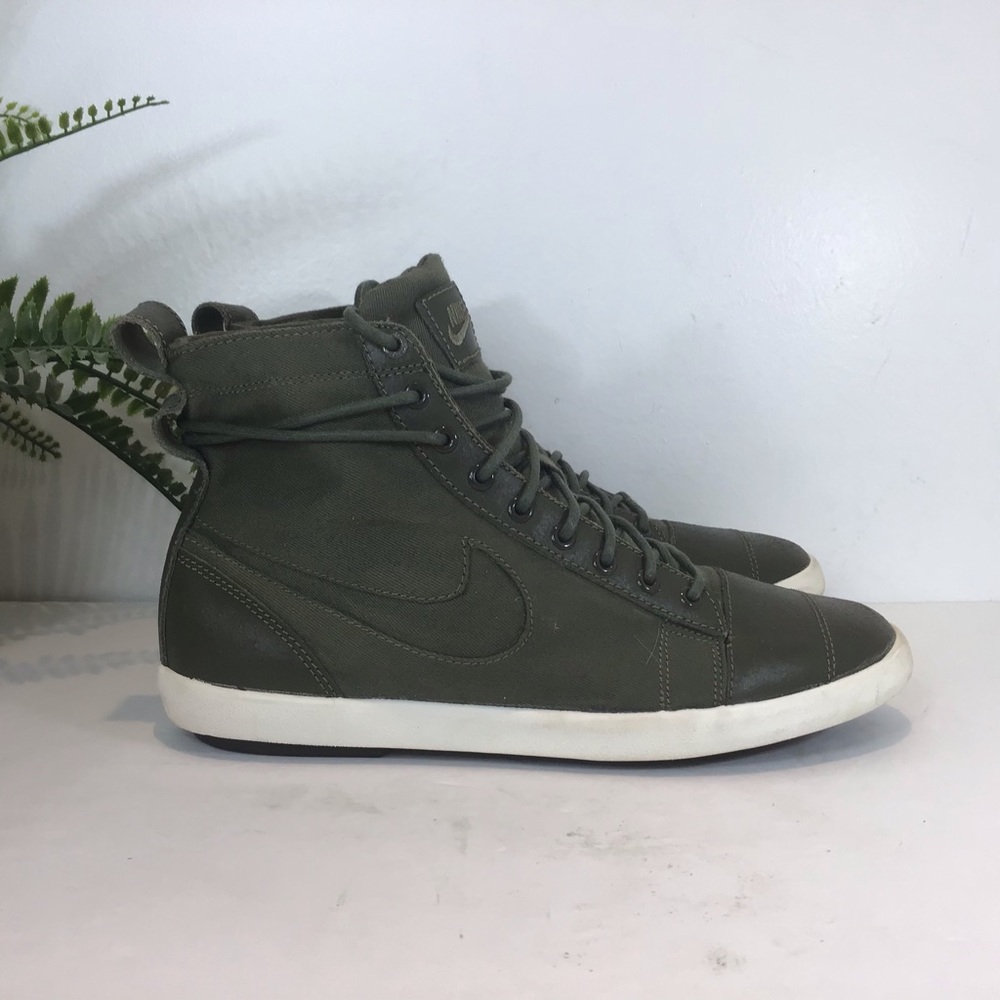 NIKE VINTAGE HI TOP SNEAKERS CANVAS WITH LEATHER TOE LACE UP OLIVE GREEN SZ 8
